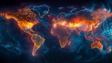 Vibrant global connections represented by energetic, colorful light trails dynamically curving and intersecting over a detailed world map