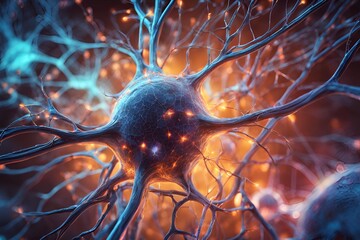 Neuron with detailed parts (soma, dendrites, axon, synapse) and show signal transmission with glowing effects and contrasting colors.