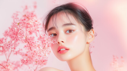 Fototapeta premium Minimalist Glow: South Korean Model and Licorice Root Extracts, Generative AI