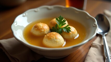 A bowl of matzo ball soup served elegantly, with light matzo balls in a clear broth, capturing the warmth and tradition of Passover.