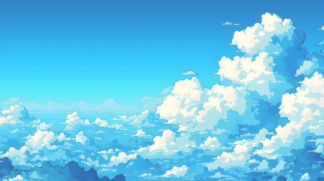 Pixel art background of a clear blue sky with fluffy clouds, fitting for platformer or adventure-style games.