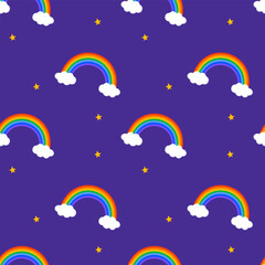 Seamless rainbow pattern with clouds and yellow stars against a purple backdrop, creating a cheerful and playful design © Anna