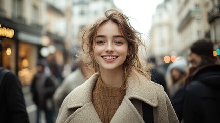 Petite woman with a playful smile, wearing a trendy coat, walking through a busy street with confidence and joy.