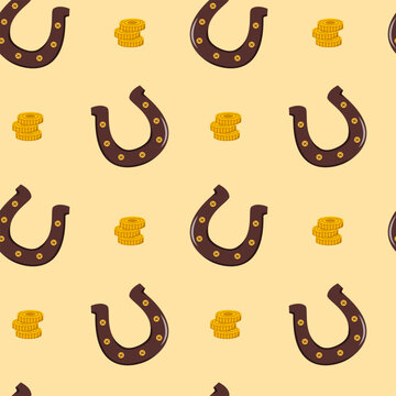 Horseshoes and coins arranged in a seamless repeat pattern, flat graphic style, on a yellow background, concept of luck and prosperity