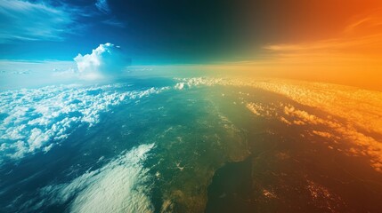 Obraz premium A stunning aerial view of Earth, showcasing vibrant clouds and a gradient sky blending blue and orange hues, evoking a sense of wonder and tranquility.