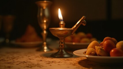 Fototapeta premium A traditional oil lamp with a flickering flame, creating a spiritual atmosphere during the Passover Seder, symbolizing Jewish faith and tradition.