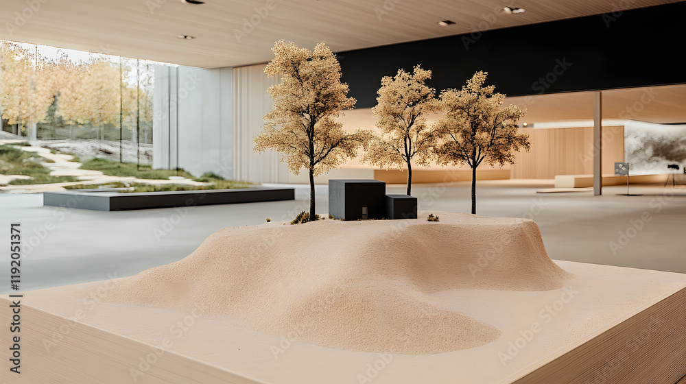 Poster a minimalist interior scene featuring a sand-like model landscape with small trees, emphasizing simp