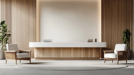 Modern minimalist reception area with wood paneling and comfortable seating. Ideal for showcasing office spaces, hotels, or businesses emphasizing clean design and a welcoming atmosphere.