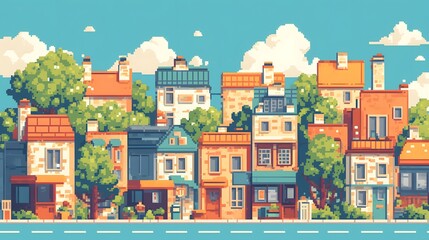 Pixel art city landscape with buildings, houses, streets, and trees, designed for retro games
