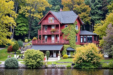 A Large Red House With Multiple Balconies And A Gray Roof Sits On The Edge Of A Body Of Water Surrounded By Lush Greenery And Trees