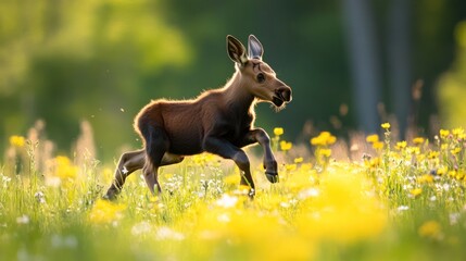 A young moose calf gallops through a sunlit meadow filled with yellow wildflowers