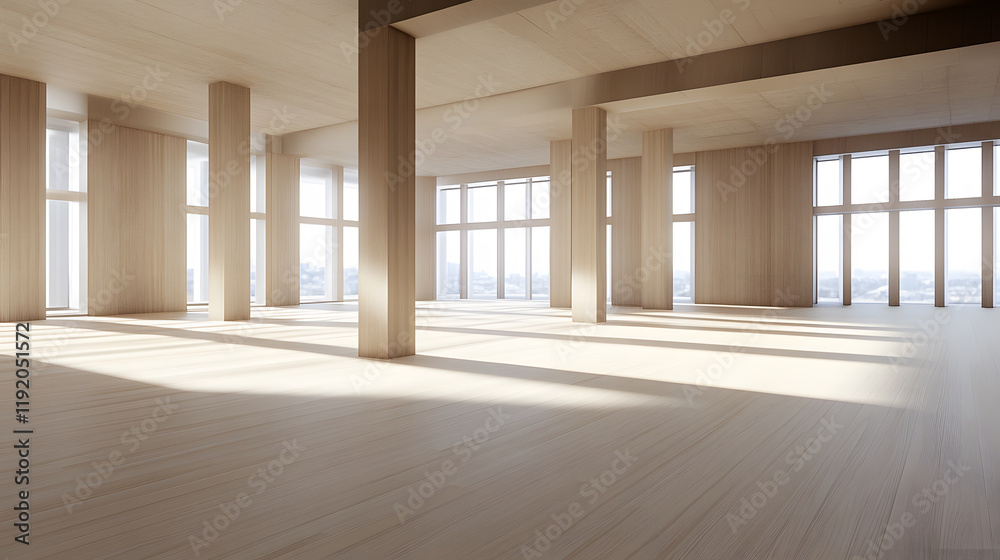Poster a spacious interior with large windows allowing natural light, showcasing a modern and minimalistic 