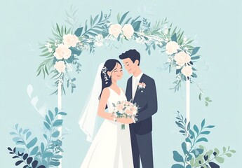 a couple getting married, with the bride in a white gown holding a bouquet and the groom in a suit, standing under a wedding arch surrounded by soft pastel flowers and greenery.