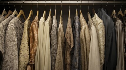 A closet rack showcasing elegant evening gowns in neutral tones.