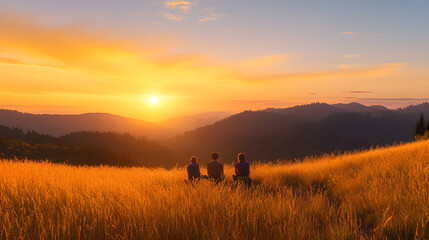 Fototapeta premium A serene sunset scene with four figures silhouetted against golden fields and distant mountains, evoking tranquility and connection to nature