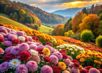 Fototapeta premium Autumn's vibrant chrysanthemum garden bursts with color, a stunning floral display.