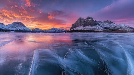 Fototapeta premium A frozen lake stretching to the horizon under a twilight sky.