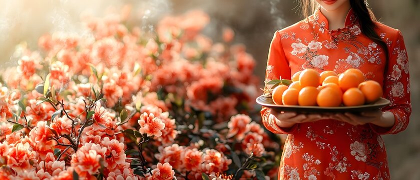 A woman in a red cheongsam holds a tray of oranges beside a Chinese shrine, conveying tradition and festivity. Ideal for Chinese New Year ads, blending respect and auspiciousness into the scene.