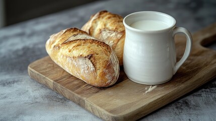 A jug of milk and rustic bread on a wooden cutting board.