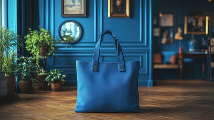 A blue tote bag in a stylish interior setting.
