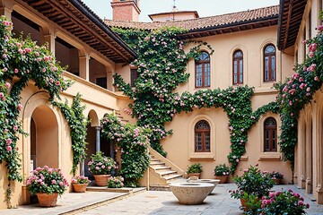 Obraz premium Rustic Italian Courtyard With Pink Roses And Arched Windows