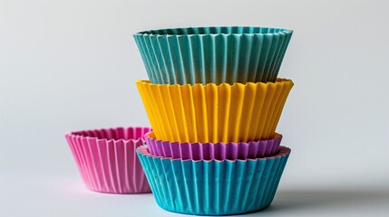 A set of compostable cupcake liners in vibrant natural colors, displayed on white.