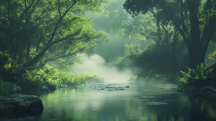 Obraz premium A serene river flows through a lush green forest with a mist adding a mystic touch