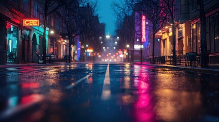 Obraz premium Rainy Night Cityscape: Neon Lights Reflecting on Wet Streets