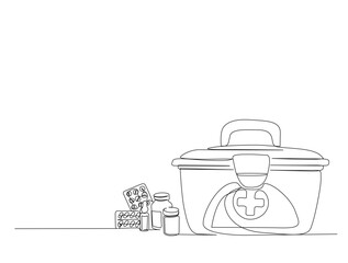 Continuous one line drawing of medical box with medicine. Medical box, pills and tablets in single line draw illustration. Editable stroke.