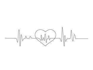 Continuous one line drawing of heart beat pulse line with love shape. Heart care in single line draw illustration. Editable stroke.