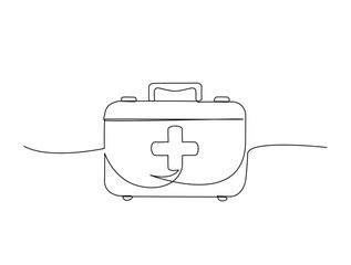 Obraz premium Continuous one line drawing of First aid kit medical bag. Medical bag in single line draw illustration. Editable stroke.