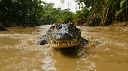 Fototapeta premium Close up of a caiman swimming in a muddy river surrounded by dense vegetation