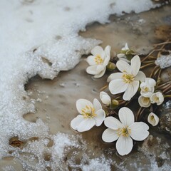 A close up of a bunch of white flowers in a snow covered field