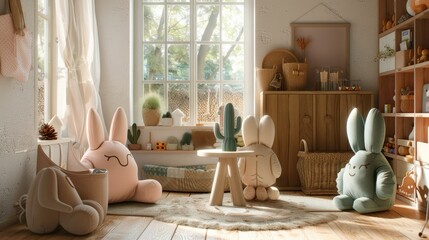 A minimalist children's playroom with a white round table surrounded by four white chairs