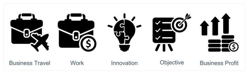 A set of 5 business icons as business travel, work, innovation