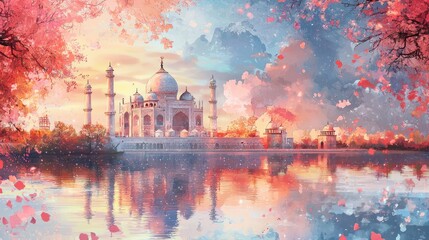 Taj Mahal sunset reflection, India, pink blossoms, calm lake