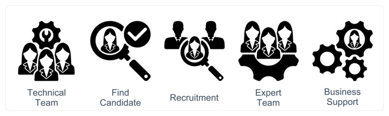 A set of 5 business icons as technical team, find candidate, recruitment