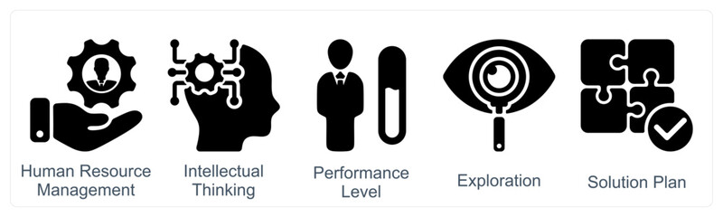 A set of 5 business icons as human resource management, intellectual thinking, performance level