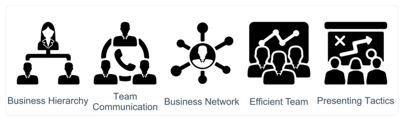 A set of 5 business icons as business hierarchy, team communication, business network