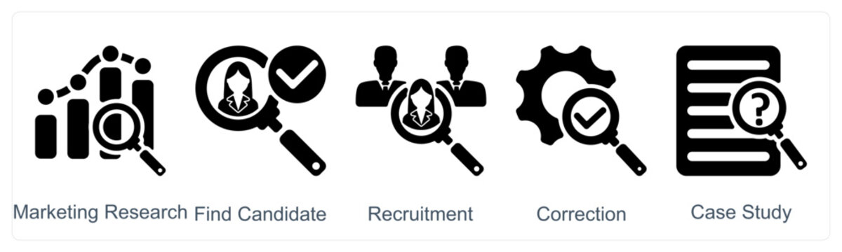 A set of 5 business icons as marketing research, candidate, recruitment, correction