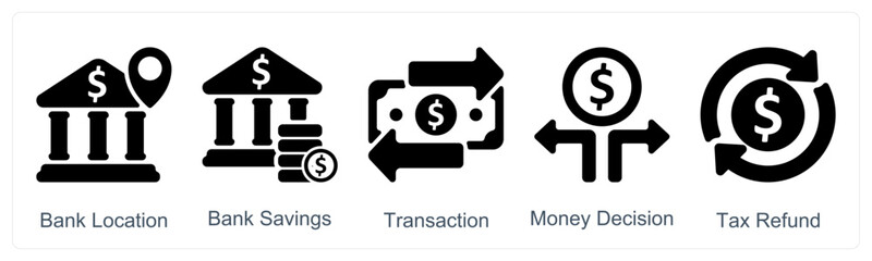 A set of 5 business icons as bank location, bank savings, transaction
