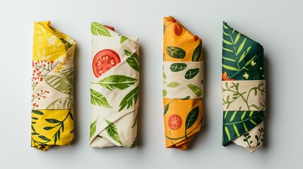 Fototapeta premium A set of compostable sandwich wraps with vibrant natural designs, displayed on white.