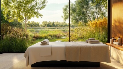 A massage bed in a modern wellness suite with floor-to-ceiling windows and a nature view.