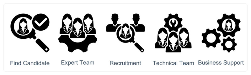 A set of 5 business icons as find candidate, expert team, recruitment