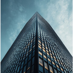 Fototapeta premium A modern skyscraper captured from a unique low angle perspective.