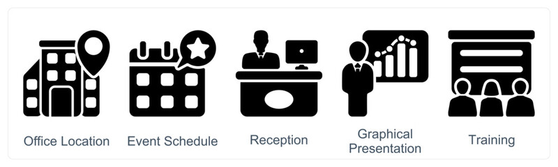 A set of 5 business icons as office location, event schedule, reception