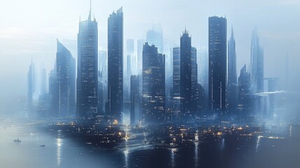 A minimalist urban skyline with simple geometric shapes.