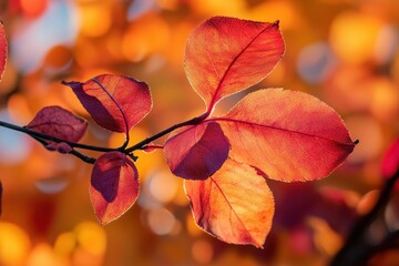 Fototapeta premium Autumn leaves glowing in the sunlight on a branch