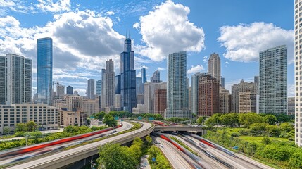 Fototapeta premium A modern city with elevated highways weaving through tall buildings.
