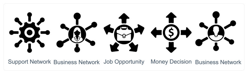 A set of 5 business icons as support network, business network, job oppurtunity